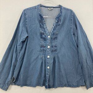 Toofan Large Blue Chambray Pintuck Split Neck Denim Button Down Preppy